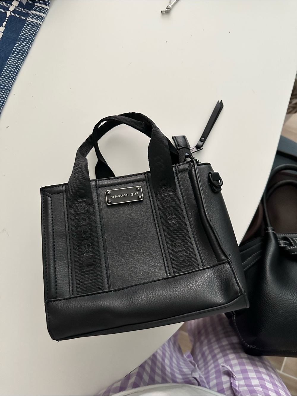 Madden Girl Black Mini Tote with Logo Plaque